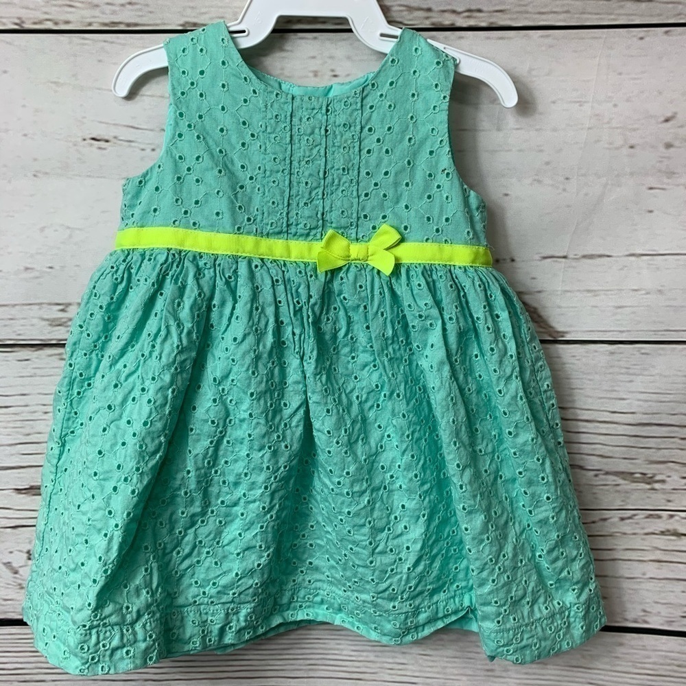 EUC Carter’s Aqua Blue W Neon Yellow Ribbon Dress